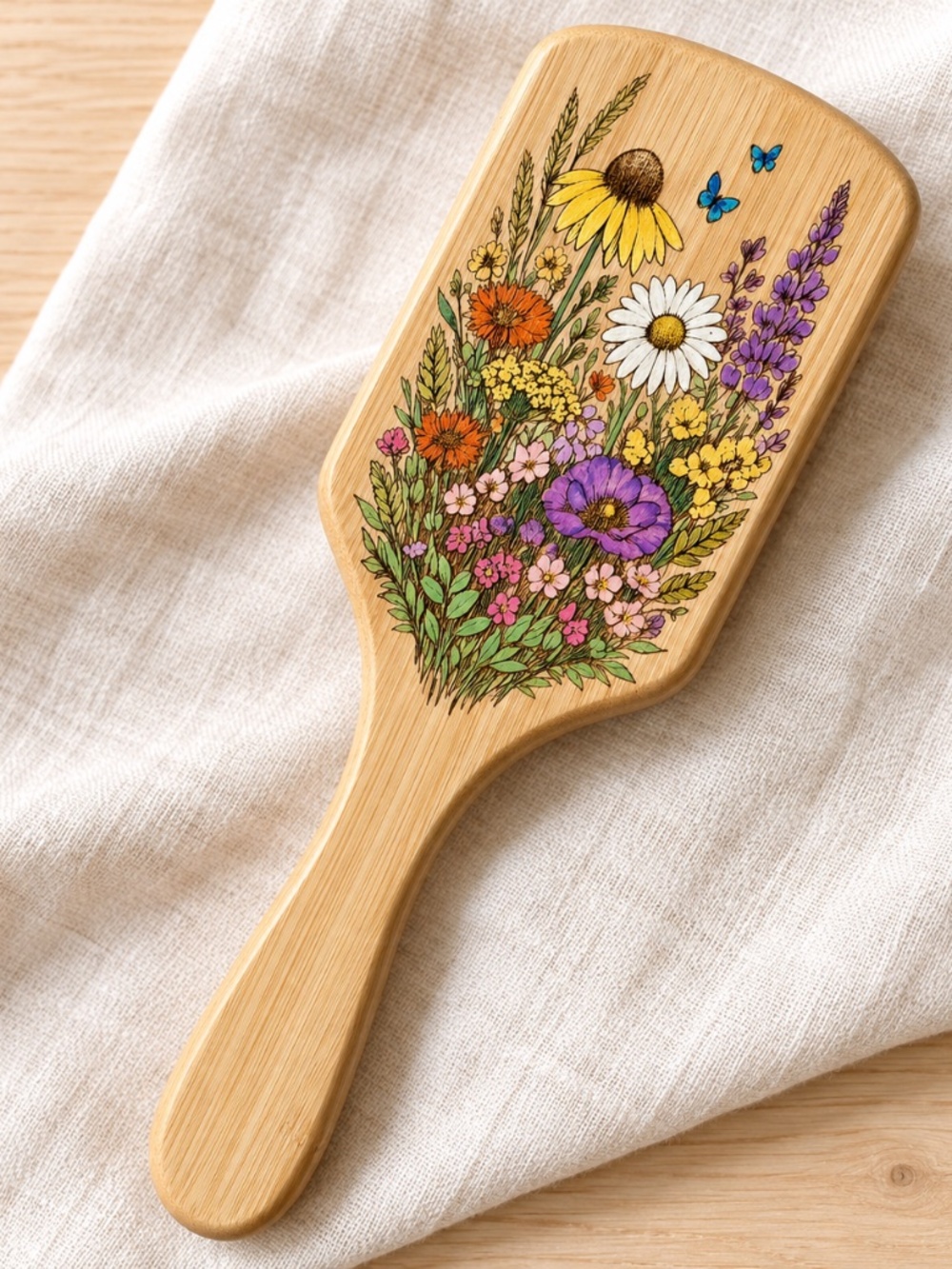 Hand-Painted Engraved Bamboo Hairbrush Wildflower Floral Paddle Brush